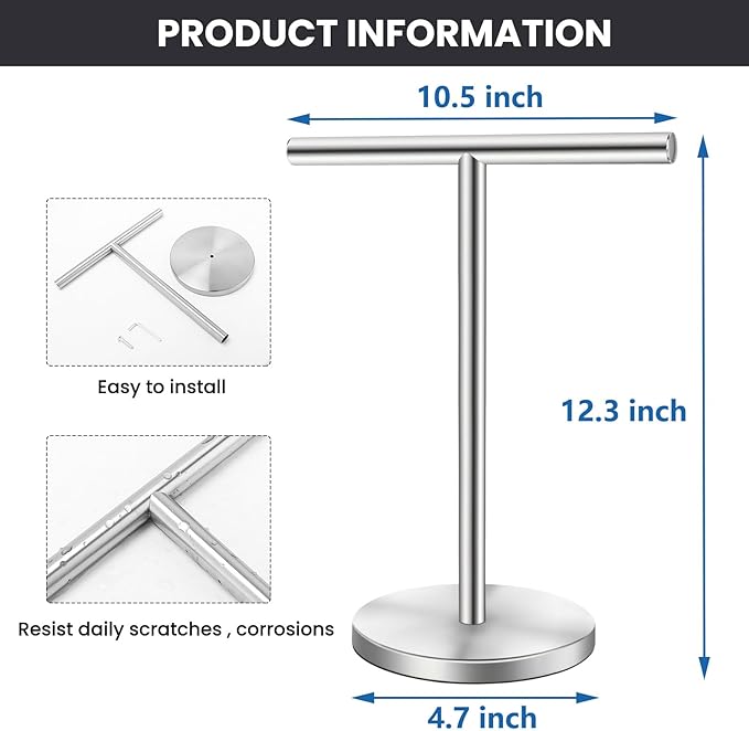 T-Shape Bath Hand Towel Holder Stand, Stainless Steel Free Standing Hand Towel Rack, for Bathroom Kitchen & Countertop, Silver