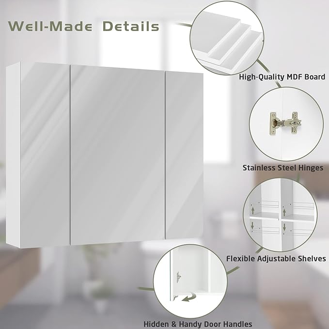 DICTAC Medicine Cabinet with Mirror & Storage - 27.6x23.6in Wall Mounted Cabinet with 3 Doors & Adjustable Shelves for Bathroom, Living Room, Kitchen - White
