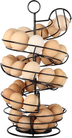 QUTREY Black Metal Egg Holder Countertop, Fresh Egg Skelter, Spiral Design Egg Dispenser Rack with Storage Basket for Display Easter Eggs