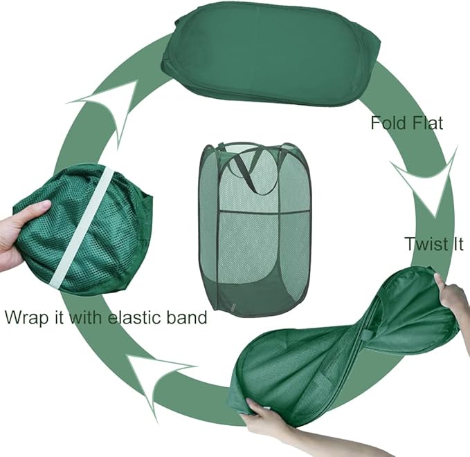 2Pack Collapsible Laundry Basket with Side Pocket, Mesh Pop Up Hamper Portable Carrying Handle, Cruise Room Storage Basket (Beige+Green)