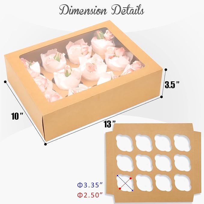 Bakepacker 12 Cupcake Containers 20-Packs Brown 12 Count Cupcake Boxes with Window Cupcakes Carrier, 13"x10"x3.5"（Auto-pop up）