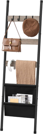 HOOBRO Blanket Ladder, 5 Tier Towel Rack, 17.3" L x 63" H, Wall-Leaning Blanket Rack for Living Room, Decorative Ladder with 4 Hooks and Magazine Pocket, Greige BG32CJ01