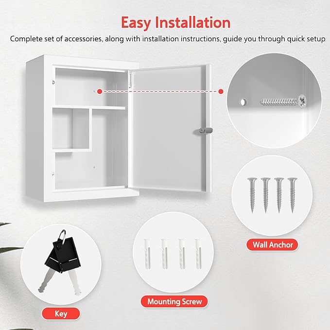 Locking Medicine Cabinet Wall-Mount: Storage Cabinet with Lock & Key - White Metal First Aid Kits for Childproofing and Family Safety 01