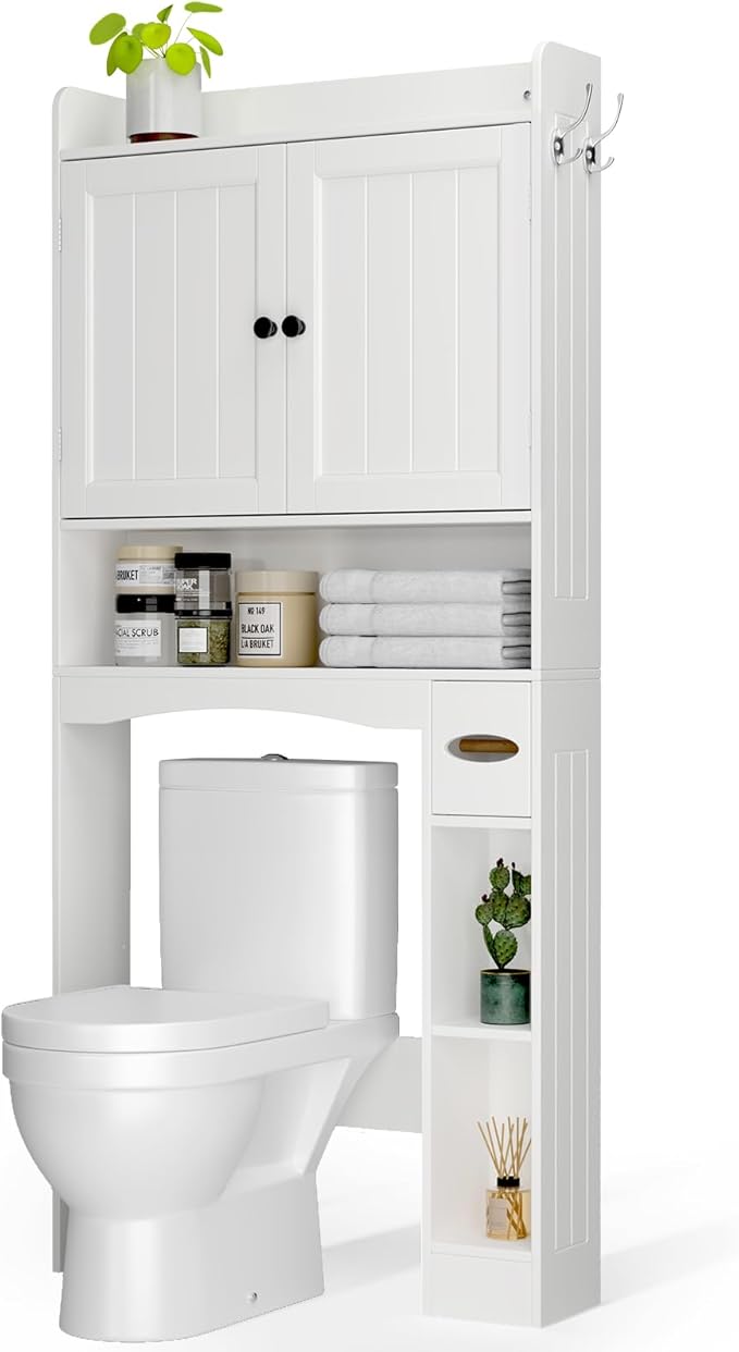 Ahomly Over The Toilet Storage Cabinet, 32.3" W x 70.3" H Over Toilet Bathroom Organizer with Doors, Adjustable Shelves, Toilet Paper Holder, 2 Side Hooks, Space-Saver for Bathroom, Laundry, White