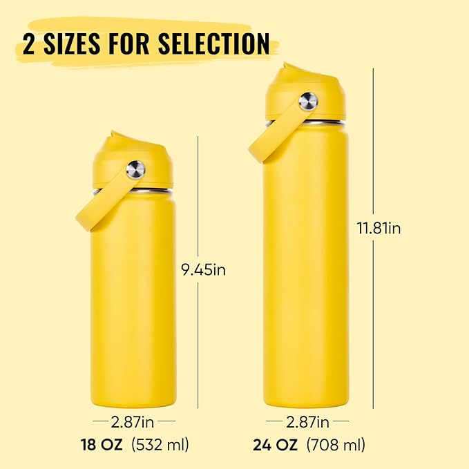 24oz Insulated Stainless Steel Water Bottle, Wide Mouth Double Wall Vacuum, Silicone Straw, Sweat & Leak Proof, BPA Free Insulated Water Flask for Travel, Keep Cold 24h Hot 12h, Yellow