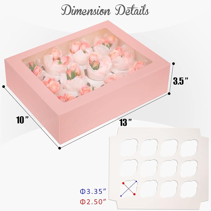 Bakepacker 12 Cupcake Containers 10-Packs Pink Cupcake Box Cupcakes Carrier, 12 Cupcake Boxes with Window 13"x10"x3.5"（Auto-pop up）