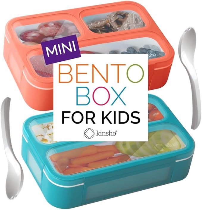 Small Snack Containers for Kids Toddlers - 3 Compartments (Set of 2) - Leak-proof Reusable Snack Boxes with Lids - BPA-Free Mini Bento Lunch Box - Ideal for School, Daycare Holds 2 Cups (Coral + Blue)