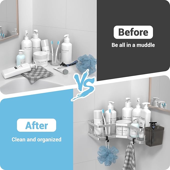 Corner Shower Caddy Shelf Rack: 2 Pack Adhesive Shower Organizer Essentials - No Drilling Stainless Steel Bathroom Storage Rack with Hooks and Toothpaste Holder