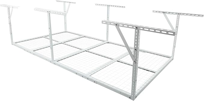 Overhead Garage Storage Rack, Heavy Duty Metal Ceiling Storage System, Adjustable 22"-40" Dropdown, 400/600 LBS Capacity, Maximize Vertical Storage for Garage/Workshop, (White, 4x8FT)