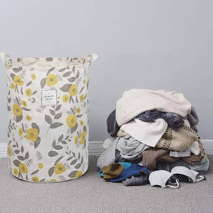 UUJOLY Collapsible Laundry Basket, Laundry Hamper with Handles Waterproof Round Cotton Linen Laundry Hamper Printing Household Organizer Basket, 19.7x15.7 inches, Yellow