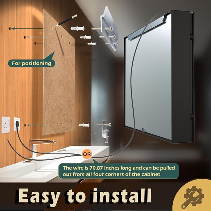 KWW LED Lighted Bathroom Medicine Cabinet with Sockets & USBs, Defogger, Dimmable, 3 Color Light Makeup Mirror, Easy to Install, Wall Mounted Cabinet (Right hinge-20 * 28)