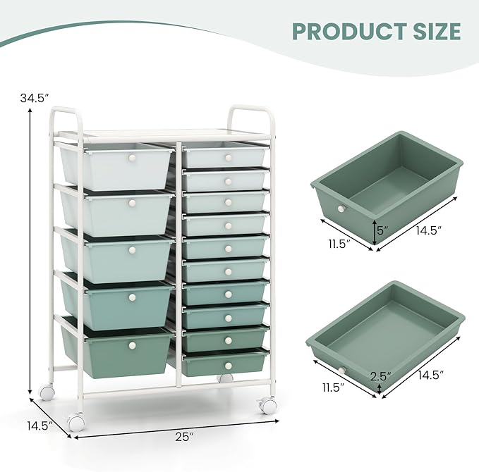 LUARANE Rolling Cart with 15 Drawers, Craft Storage Cart with Portable Handles & Lockable Wheels, Mobile Toys Organizer, Large Capacity Utility Drawer Cart Home Office School Teacher (Gradient Green)