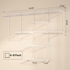 Homde Closet Organizer System Wall Mounted, 4-8 Ft. Adjustable and Expandable Metal Wire Shelving, Custom DIY Wardrobe Kit with Shelf, Clothes Hanging Rods, for Home Closet Laundry Mudroom