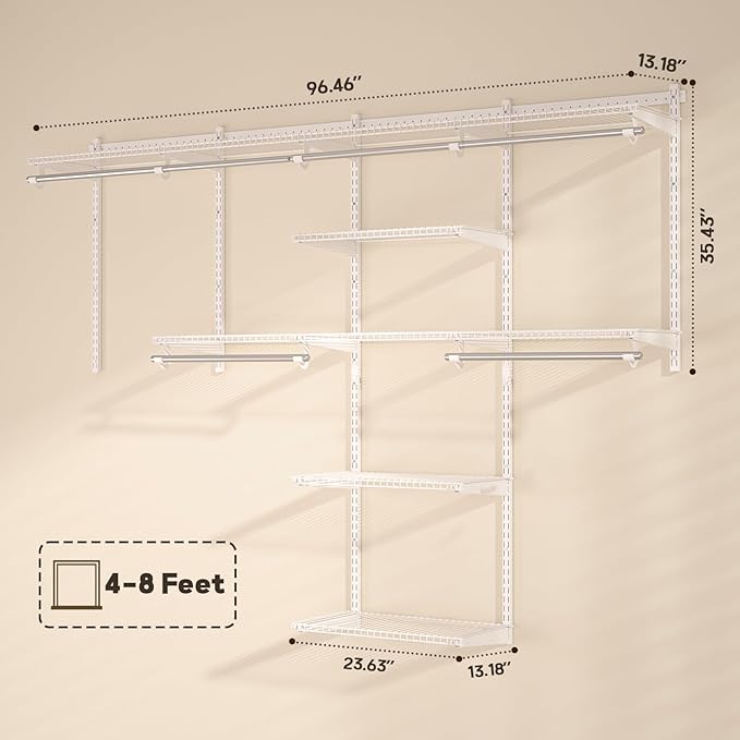 Homde Closet Organizer System Wall Mounted, 4-8 Ft. Adjustable and Expandable Metal Wire Shelving, Custom DIY Wardrobe Kit with Shelf, Clothes Hanging Rods, for Home Closet Laundry Mudroom