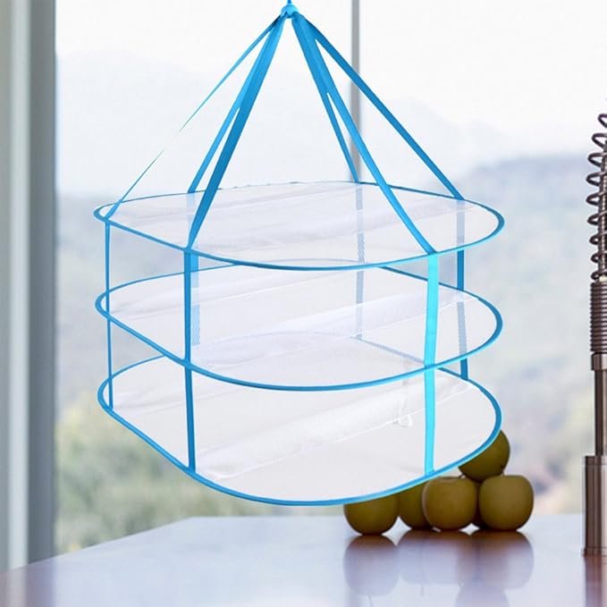 iayokocc 3 Tiers Folding Drying Rack, Folding Mesh Clothes Hanging Dryer, Portable Sweater Drying Rack Lay Fold Flat to Dry Mesh Clothes Hanger for T-Shirt, Swimsuit, Sweater, Delicates