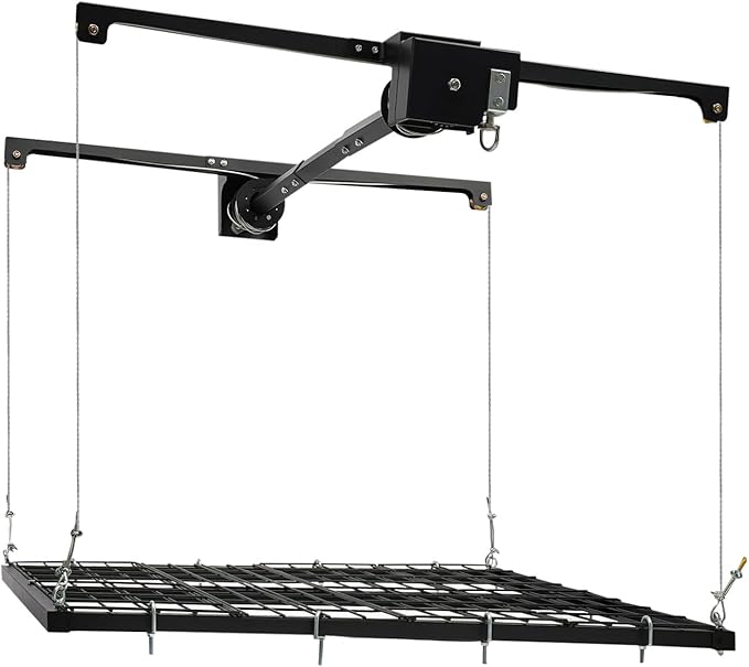 Overhead Garage Storage Rack Lift, 4x4FT Heavy Duty Ceiling Mounted Lift System and Storage Organizer, 300Lbs Garage Lifting Metal Rack with Safety Lock (300Lbs)
