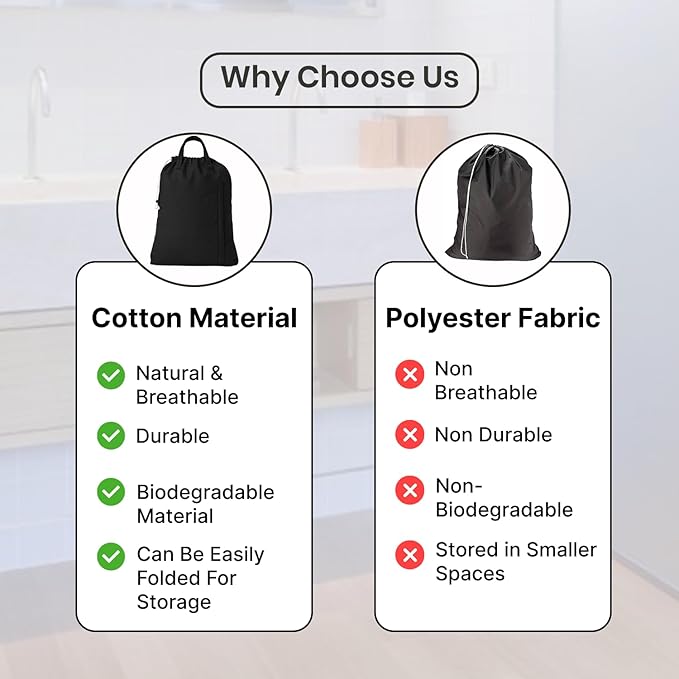 LFH Home Large Premium Cotton Canvas Laundry Bag with Drawstring and Handles Heavy Duty, Multi-Use, and Washable for Home, Travel, College or Storage 28x36 (Pack of 2)-Black