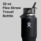Hydro Flask Travel Water Bottle - Insulated Stainless Steel - Wide Straw Lid, Non Spill, Leakproof in 32 Oz Black