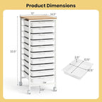 GOFLAME 10-Drawer Rolling Storage Cart, Craft Storage Cart with Wooden Tabletop and Lockable Wheels, Art Cart Supply Storage Organizer with Metal Frame for Home Office Classroom, White