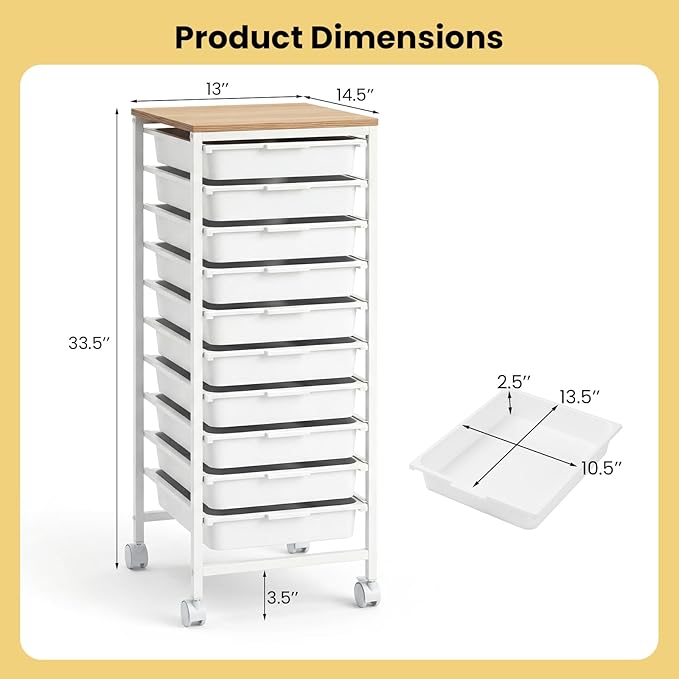 GOFLAME 10-Drawer Rolling Storage Cart, Craft Storage Cart with Wooden Tabletop and Lockable Wheels, Art Cart Supply Storage Organizer with Metal Frame for Home Office Classroom, White