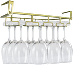 Adjustable Under Cabinet Stemware Holder - Metal Wine Glass Hanger Organizer for Kitchen, Bar, Shelf - Rustproof Hanging Storage Rack for 6-8 Glasses - Space Saving Decor (Gold, 4 Rows)