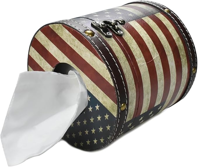 Decorative Toilet Paper Roll Cover with Lid - 5.5cm Diameter, PU Leather & Wood, Space-Saving, Multi-Color, Waterproof Bathroom Storage for Tissues, Cosmetics, Remotes (US Flag)