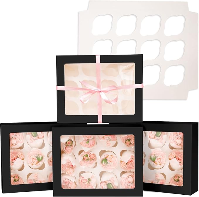 Bakepacker 12 Cupcake Containers 10-Packs Black Cupcake Box Cupcakes Carrier, 12 Cupcake Boxes with Window 13"x10"x3.5"（Auto-pop up）