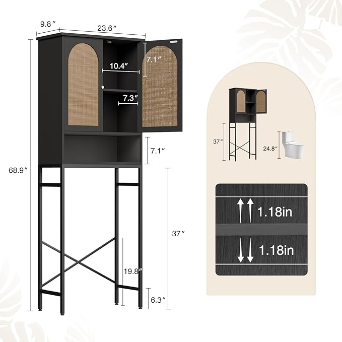 Rattan Toilet Storage Cabinet, Over The Rack Wood Cabinet with Metal Stand, Bathroom Organizer with Adjustable Shelf, Tall Freestanding Washer Shelf, Small Cupboard, Black