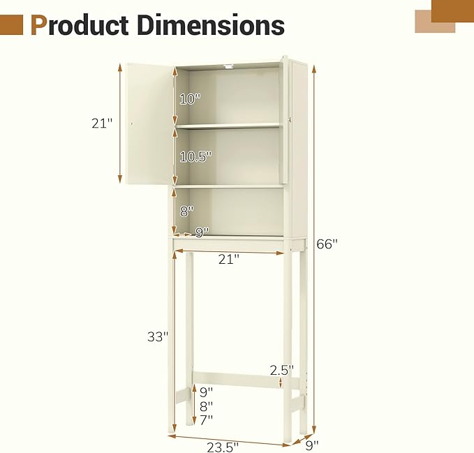 Giantex Over The Toilet Storage Cabinet, Bathroom Organizer w/Fluted Doors, Adjustable Shelf&Bottom Bar, Open Storage Cube, Space-Saving Above Toilet Storage Cabinet for Laundry (Cream White)