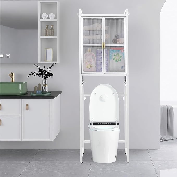 3-Tier Over Toilet Storage Cabinet | Carbon Steel Bathroom Shelf with Adjustable Shelves, 33.07LBS/Tier Load-Bearing - Waterproof PC Door Organizer for Toilet Area (White)