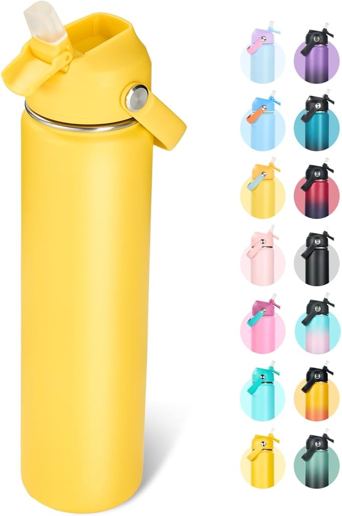 24oz Insulated Stainless Steel Water Bottle, Wide Mouth Double Wall Vacuum, Silicone Straw, Sweat & Leak Proof, BPA Free Insulated Water Flask for Travel, Keep Cold 24h Hot 12h, Yellow