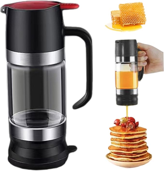Syrup Dispenser, Honey Dispenser No Drip, 300ml Clear Glass Honey with Press Type, Leakproof Syrup with Handle, Container with Stand for Coffee Tea
