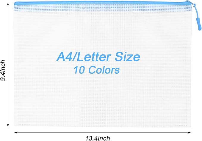Mesh Zipper Pouch Bags,10 Colors A4 Size Bags for Waterproof Transparent Document File Organizer Bags for School,Office Supplies,Toys,Puzzles,Board Games Storage