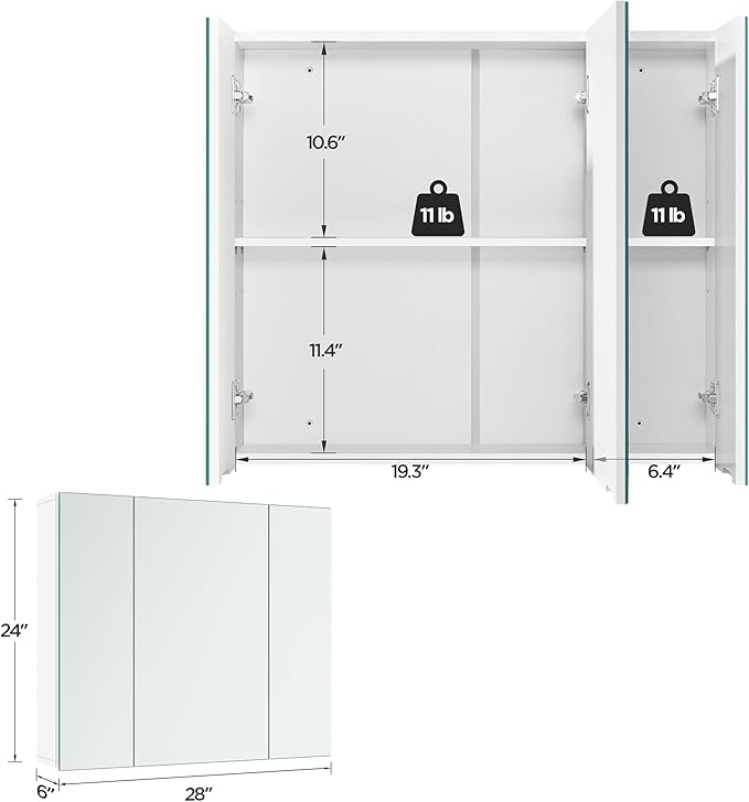 Yaheetech Bathroom Mirror Cabinet with 3 Doors, Wall Mounted Medicine Cabinet with Adjustable Shelf, Storage Cupboard for Living Room, Laundry Room, Mudroom, White