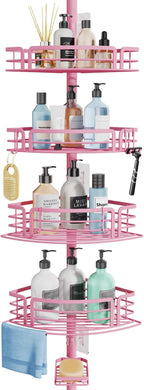 Consumest Corner Shower Caddy Tension Pole - Rustproof Shower Shelves with Towel Bar & Soap Holder, Adjustable Bath Organizer for Bathroom Storage, 27.6-108.3 inch, Pink