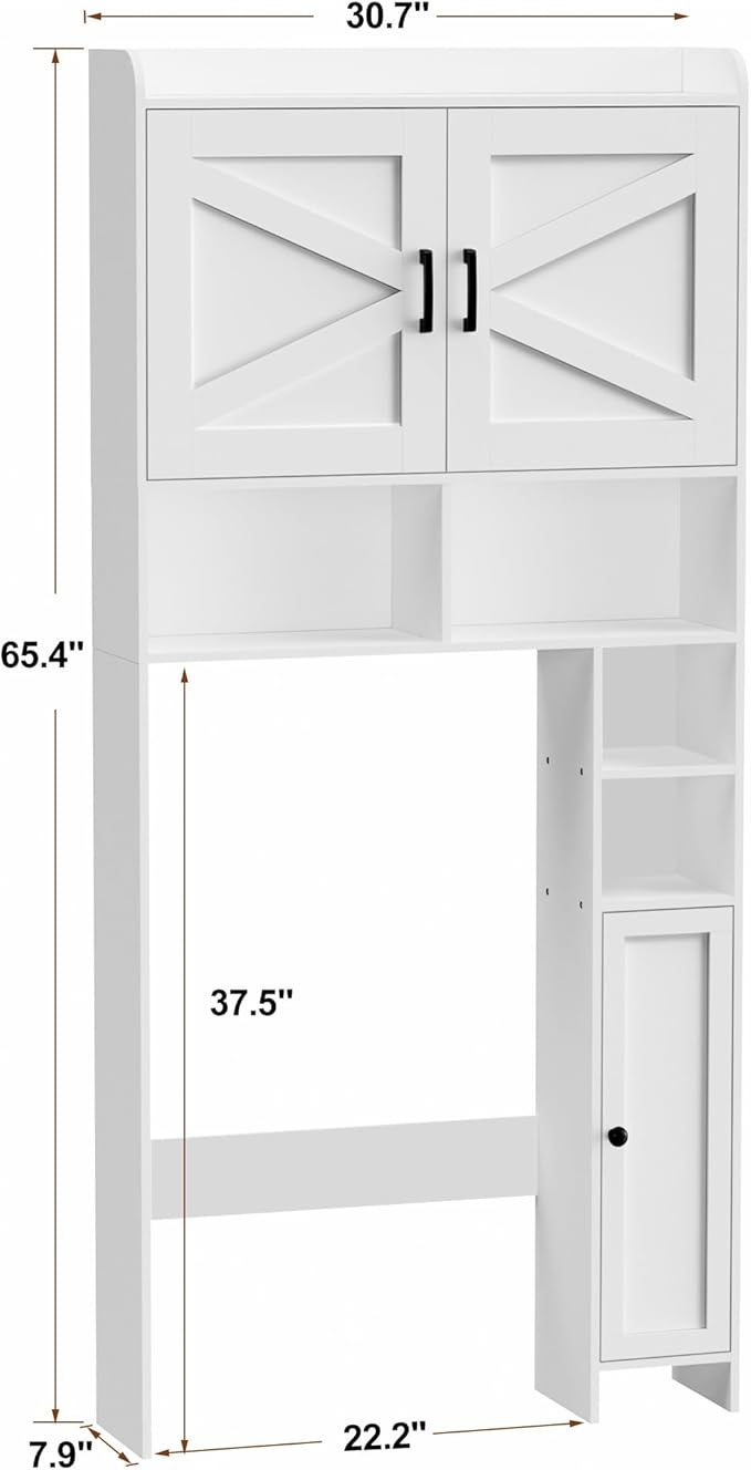 Homhedy Over The Toilet Storage Cabinet with 2 Barn Door and Toilet Paper Holder Stand, FreeStanding Toilet Shelf Space Saver, for Bathroom, Restroom, Laundry, White