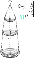 HULISEN 3 Tier Hanging Fruit Basket with Banana Hook, 36-Inch Heavy-Duty Wire Hanging Baskets for Kitchen Storage, Vegetable Produce Organizer (Including Installation Bracket)