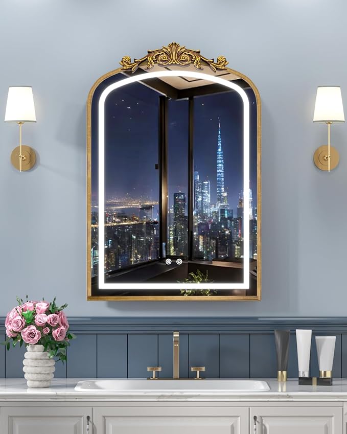 20"x30" LED Bathroom Medicine Cabinet with Mirror and Lights, Bronze Hand-Painted Baroque Bathroom Storage with Mirror, Recessed / Wall Mounted, Dimmable 3 Color Lighting Anti-fog ( with 1 Organizer)