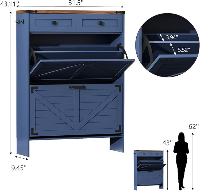 Shoe Cabinet with 2 Flip Drawers and Deodorizing Function, Hidden Shoe Storage Cabinet with 2 Pull-out Drawers, Farmhouse Shoe Organizer for Entryway, Narrow Shoe Rack for Front Door Entrance, Blue