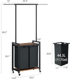 IDEALHOUSE 2-Section Laundry Sorter,Rolling Laundry Hamper with Hanging Rack & Shelf, 2× 11.7 Gal (44.3 L), Basket Organizer with Lockable Wheels,Folding Station for Bedroom, Bathroom