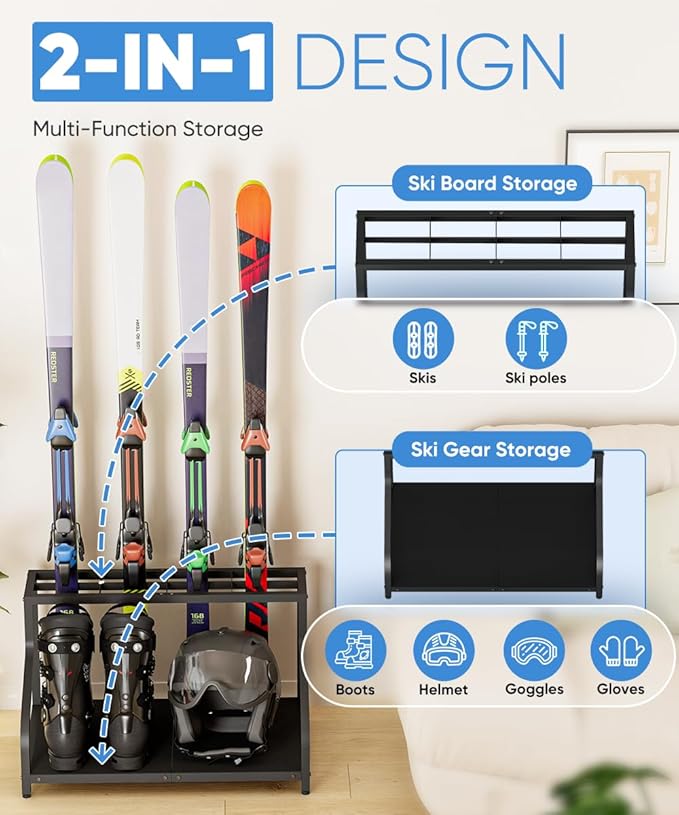 Ski Storage Rack for Garage — Freestanding Ski Holder for 4 Pair Skis, Boot, Helmet, Goggles, Indoor Snowboard Rack Organizer Stand for Home, Shed, Basement, Black