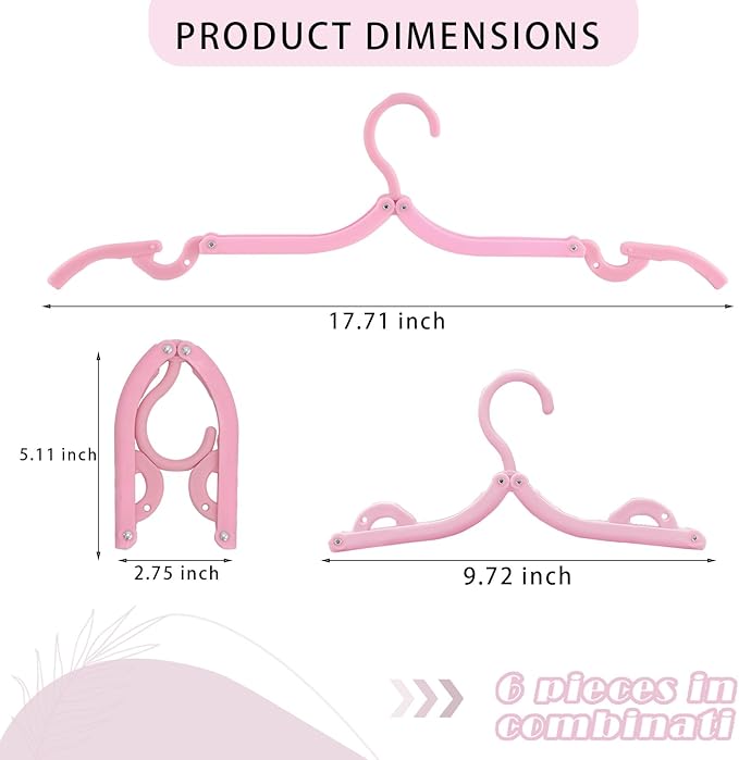 6PCS Portable Folding Clothes Hangers Clothes Drying Rack for Travel (Pink)