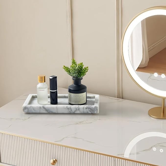 Natural Small Marble Vanity Tray, Luxury Stone Organizer for Bathroom & Kitchen | Holds Soap Dispenser, Jewelry, Perfume | Non-Resin, Non-Ceramic Décor (White, Mini (7.9" x 4.3" x 0.78"))
