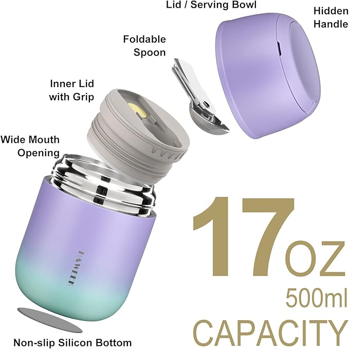 Insulated Soup Thermo 17oz - Stainless Steel Vacuum Lunch Box for Adults, Kids Leakproof Hot Food Container with Handle Folding Spoon (School Office Outdoor)