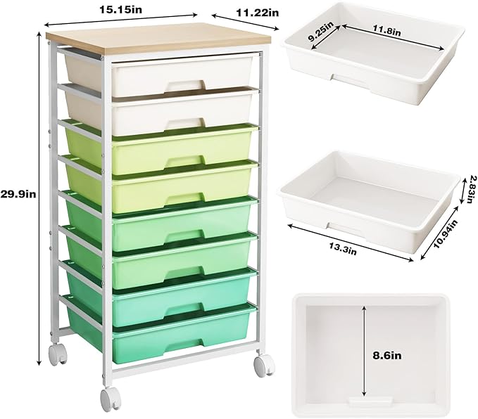 LABUK Rolling Storage Cart with Drawers Utility Cart Plastic Organizers for Classroom Dorm Office Bathroom, Makeup Palettes, Cosmetics, Nail Polish Organizer(Green)