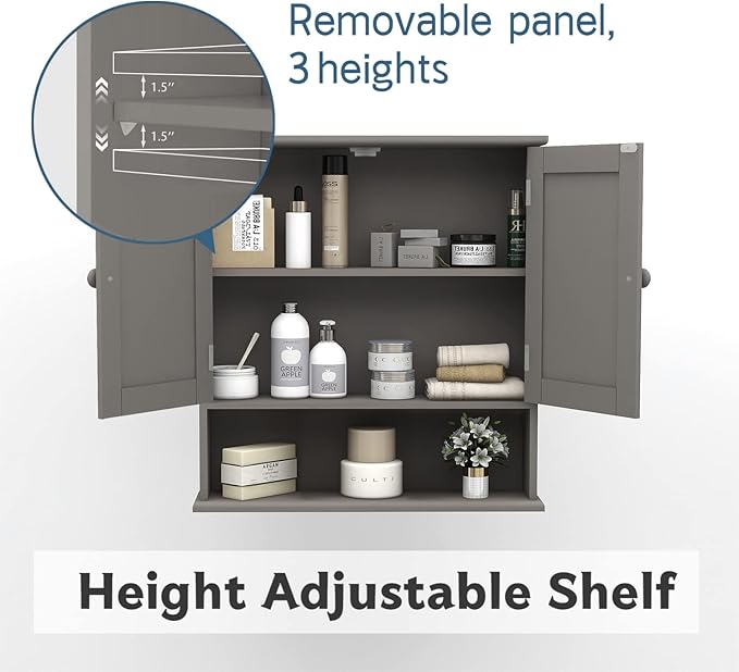 TaoHFE Grey Medicine Cabinet with Mirror, 2 Doors & 3 Open Shelves - Wall Mounted Wooden Storage Cabinet for Bathroom, Laundry or Kitchen