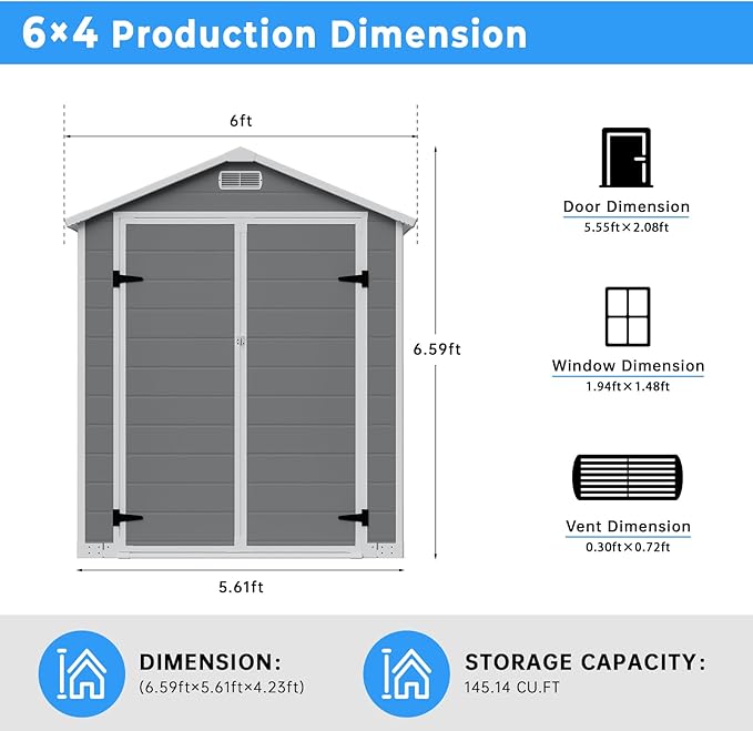 Larbanke 6x4 FT Outdoor Storage Shed with Window, Resin Plastic Storage Shed with Rain Holes and Floor, Weather Resistant Tool Cabinet with Lockable Door for Backyard, Patio, Poolside (Gray)