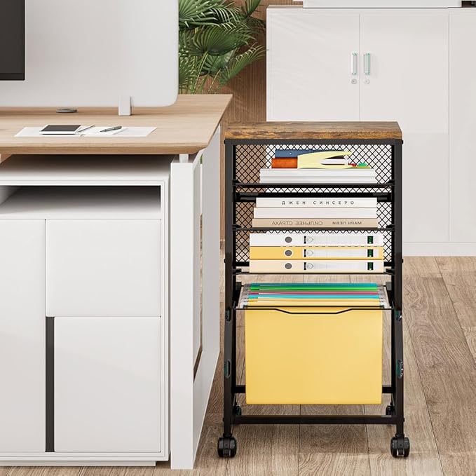 5-Tier Rolling File Cart, Under Desk Storage Organizer with Lockable Wheels & Mesh Sliding Trays, Multi-Functional Mobile Utility Cart for Office, Home, School, Black