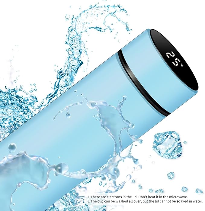 Smart Water Bottle Stainless Steel Vacuum Flask,Travel Mug with Smart LCD Touch Screen, Keep Hot Or Cold, Car Portable Travel Tea Coffee Vacuum Thermo Cup,Insulated Water Bottle (Light Blue)