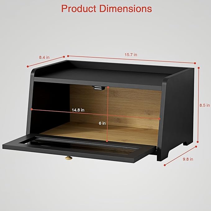 Black Bread Box for Kitchen Countertop, Small Vintage Counter Top Breadbox, Homemade Bread Storage Container for Sourdough Loaf, Farmhouse Wooden Corner Kitchen Counter Organizer for Cabinet